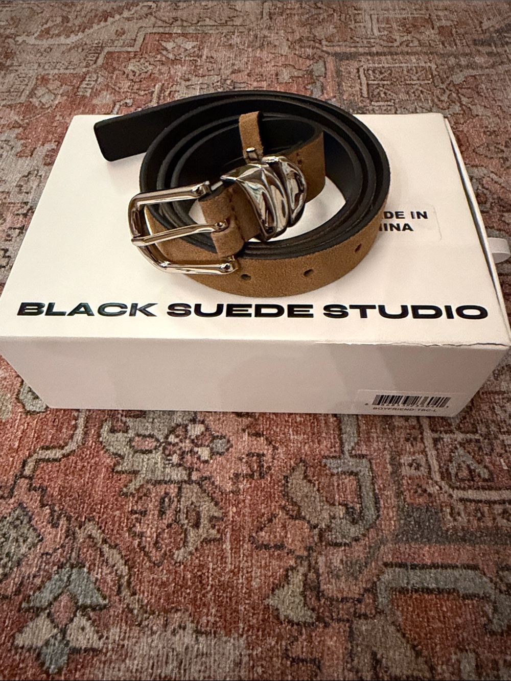 BLACK SUEDE STUDIO Boyfriend Belt in Tobacco Suede & Silver Hardware Sz L - NIB!